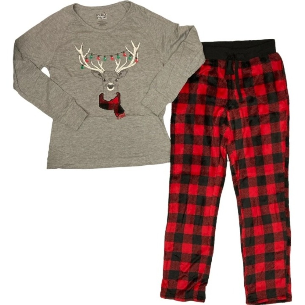 Holiday Time Pajama Set Christmas Reindeer Shirt Buffalo Plaid Pants Small NEW